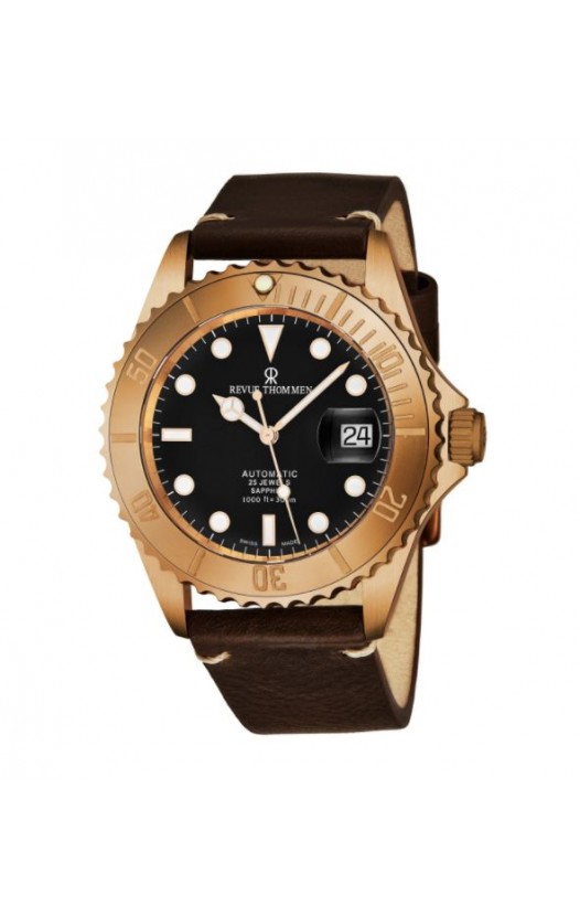 Revue Thommen Men's 17571.2599 'Diver' Black Dial Brown Leather Strap Bronze/Steel Automatic Watch