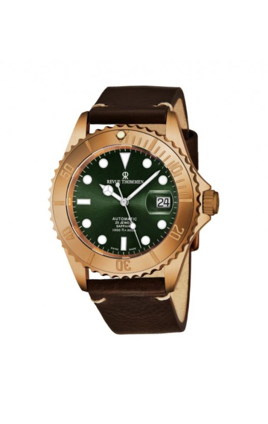 Revue Thommen Men's 17571.2594 'Diver' Green Dial Brown Leather Strap Bronze/Steel Automatic Watch