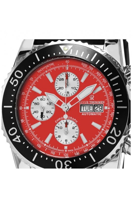 Revue Thommen Men's 17030.6536 'Air Speed' Red Dial Black Rubber Strap Chronograph Automatic Swiss Made Watch