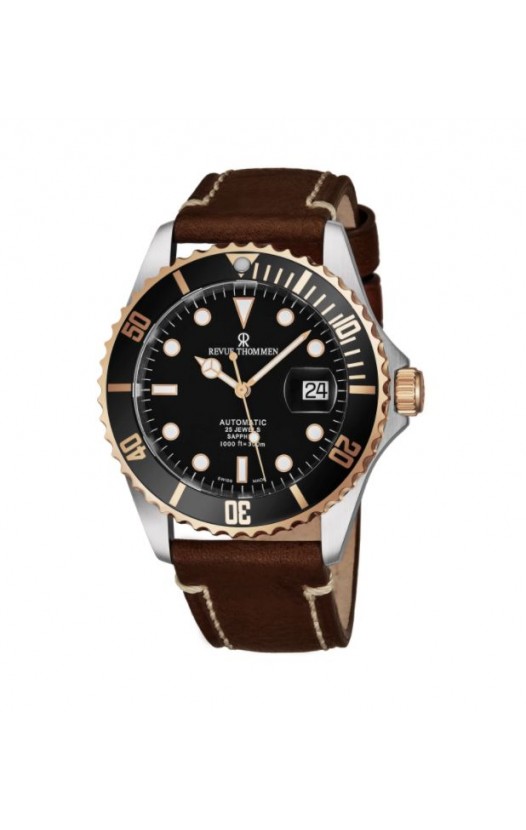 Revue Thommen Men's 17571.2557 'Diver' Black Dial Light Brown Leather Strap Two Tone Swiss Automatic Watch