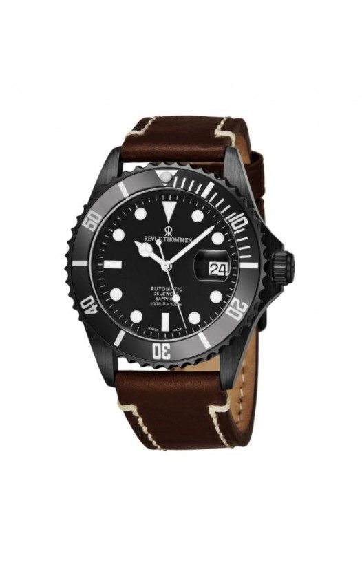 Revue Thommen Men's 17571.2534 'Diver' Black Dial Light Brown Leather Strap Swiss Automatic Watch