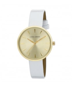 Laura Ashley Womens Gold Round Case With White Strap Watch