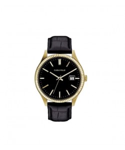 Caravelle Designed by Bulova Men's 44B118 Gold-Tone Stainless Black Leather Strap Watch