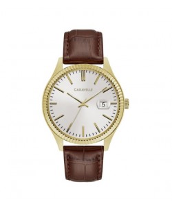 Caravelle Designed by Bulova Men's 44B115 Gold-Tone Stainless Coin-Edge Bezel Brown Leather Strap Watch