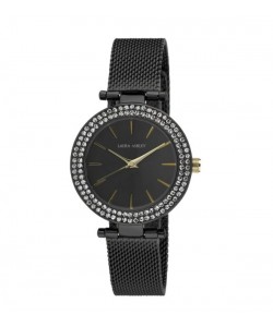 Laura Ashley Ladies Black T-Bar Case Double Stone Bezel Mesh Band Watch