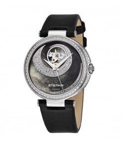 Eterna Women's 2943.54.89.1368 'Grace' Black Mother of Pearl Open Art Diamond Dial Black Satin Strap Automatic Watch