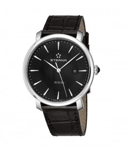 Eterna Women's 2510.41.41.1251 'Artena' Black Dial Black Leather Strap Quartz Swiss Made Watch